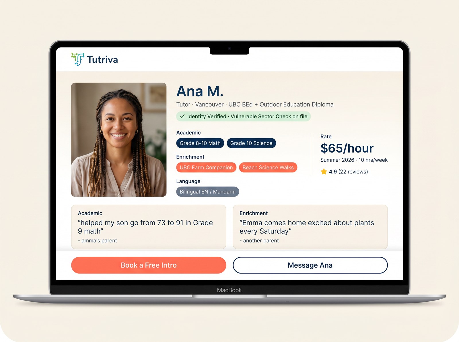 Tutor profile mockup showing bilingual teaching tags, hourly rate, and availability.