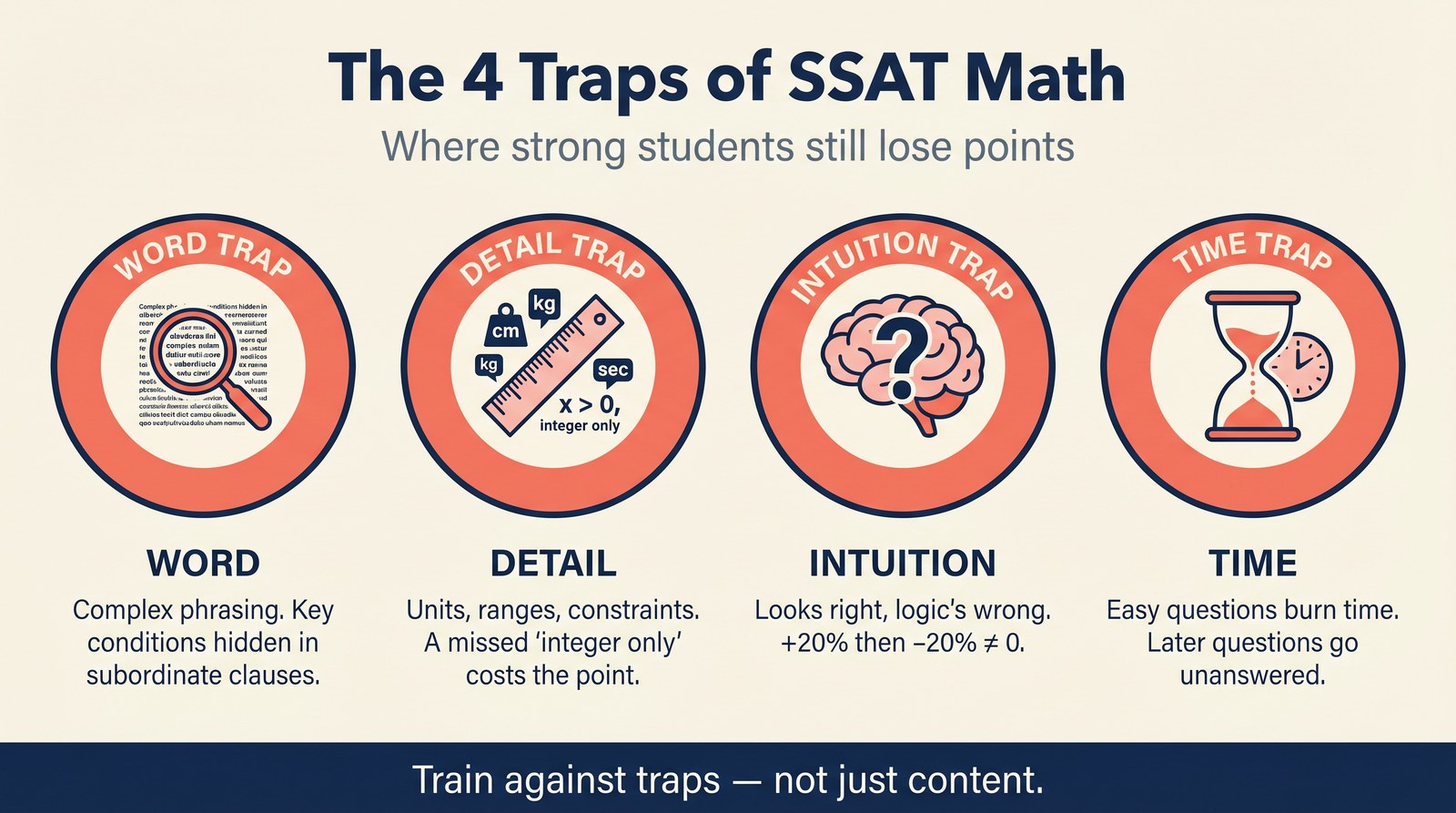 Four major traps in SSAT Math: word / detail / intuition / time.