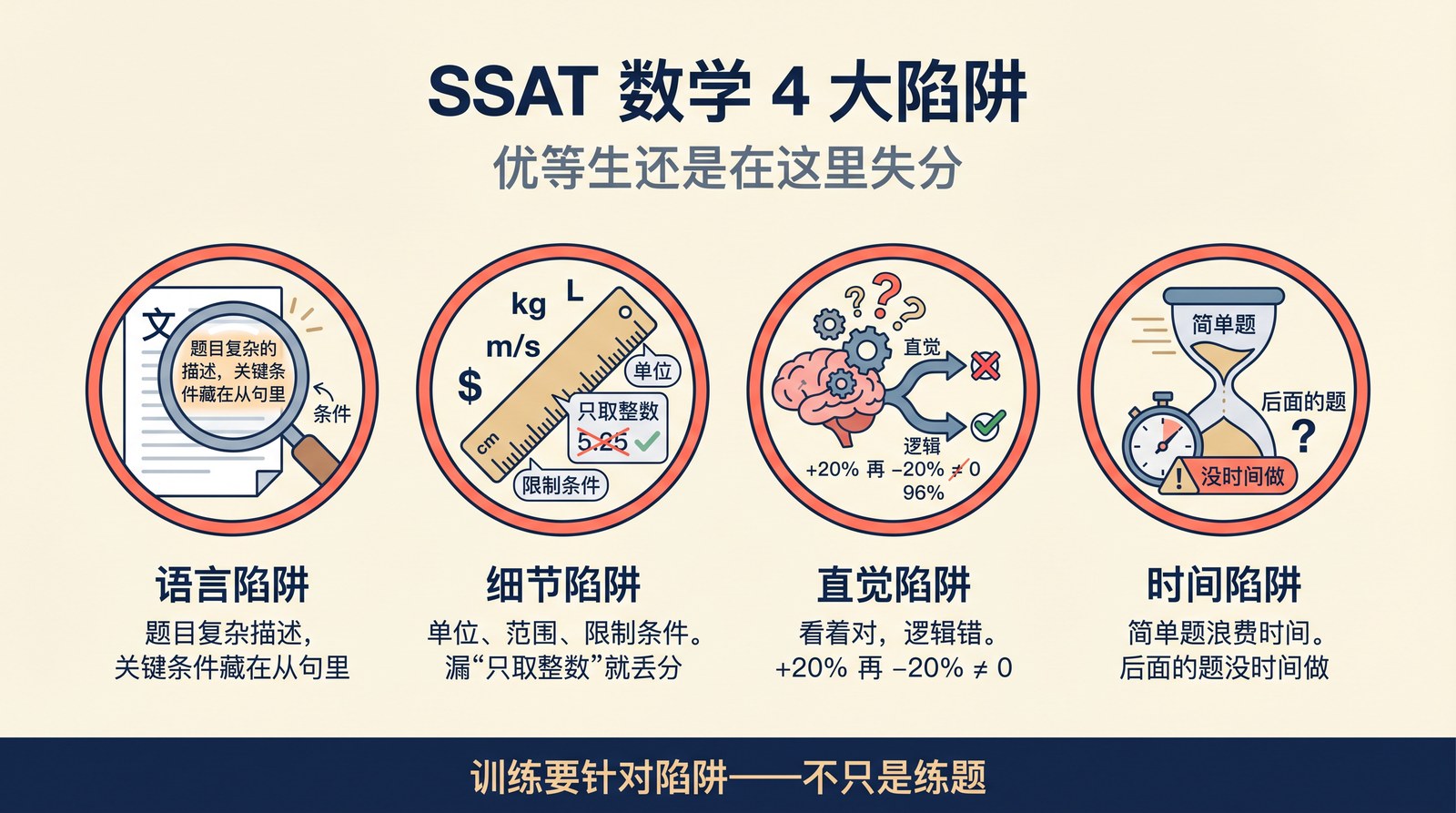 SSAT 数学 4 大陷阱：语言 / 细节 / 直觉 / 时间。