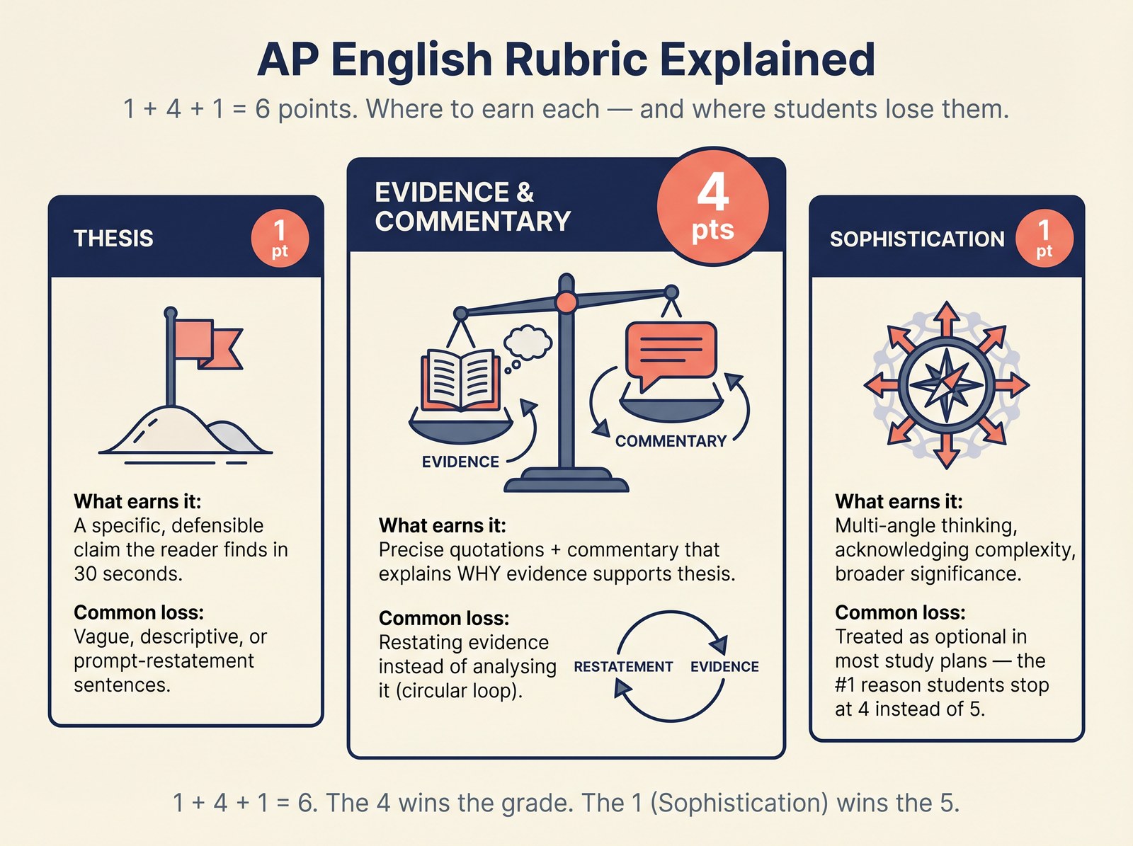 AP English 3 scoring dimensions: Thesis, Evidence & Commentary, Sophistication.