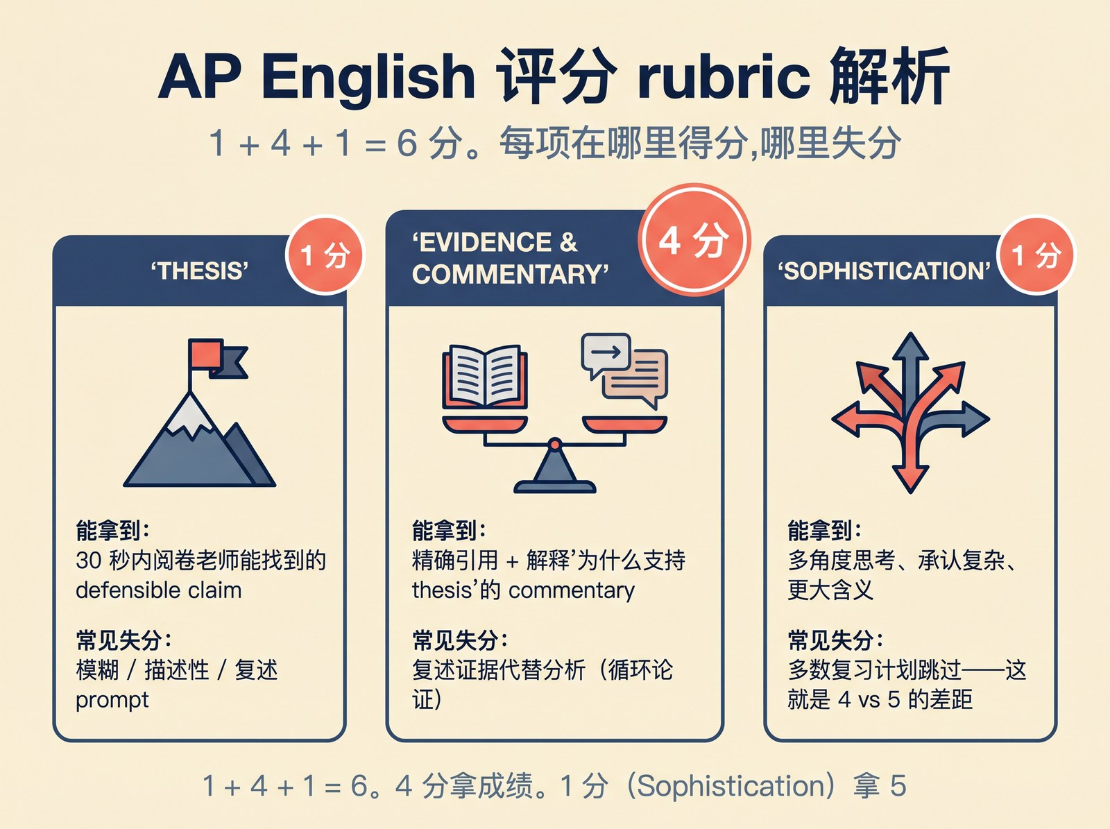 AP English 三大评分维度：Thesis + Evidence & Commentary + Sophistication。