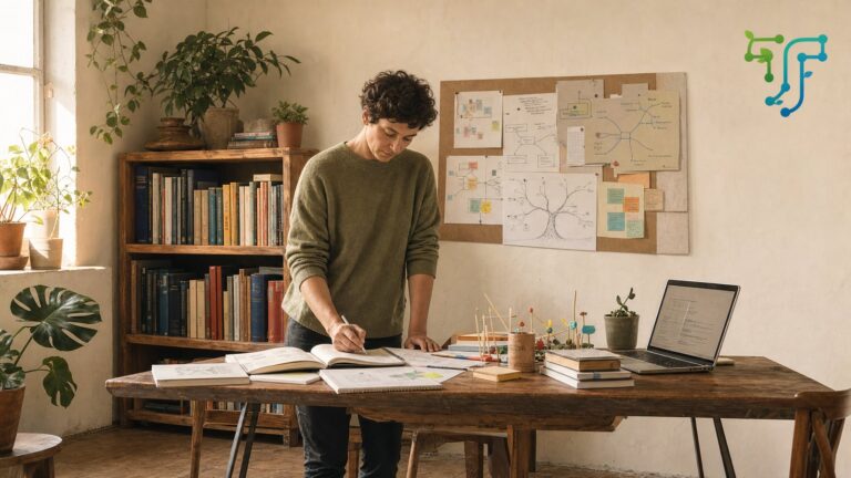 A thoughtful educator standing in their own workshop-style learning space with mind maps, books, and student projects — symbolizing long-term educational identity beyond hourly tutoring