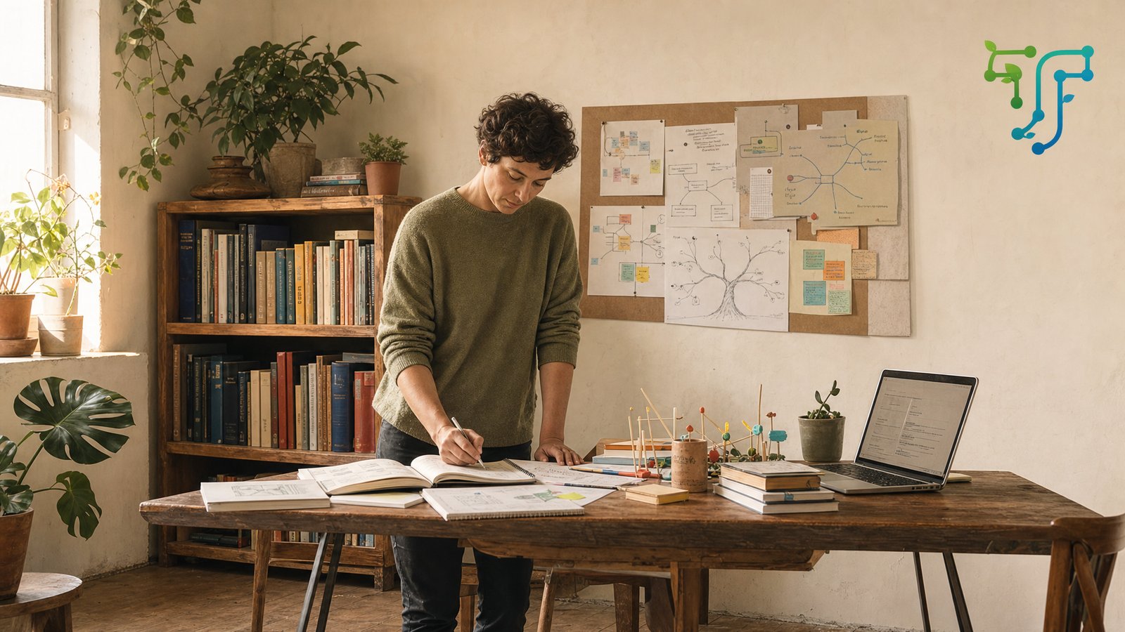 A thoughtful educator standing in their own workshop-style learning space with mind maps, books, and student projects — symbolizing long-term educational identity beyond hourly tutoring