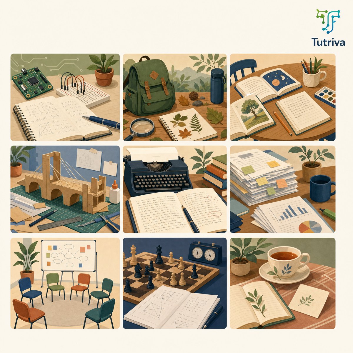 A 3x3 grid illustration showing nine different forms of education: STEM mentorship, outdoor learning, homeschool, project-based learning, writing mentorship, research coaching, workshop facilitation, academic competition, and long-term mentorship