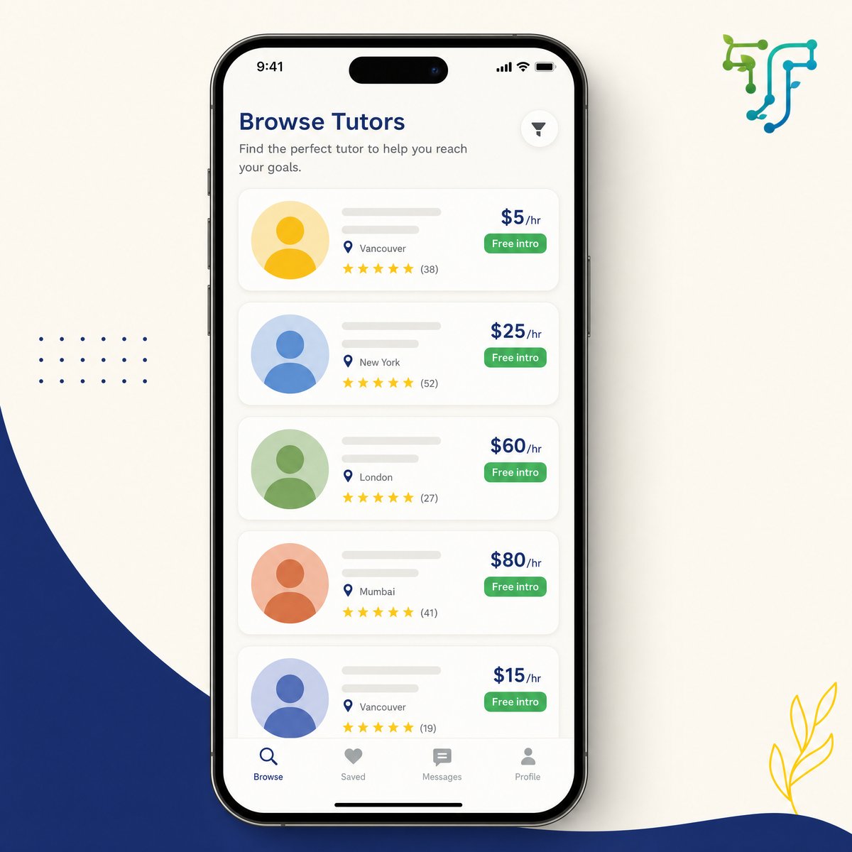 A mobile phone mockup of a browse tutors interface showing five tutor profile cards from Vancouver, New York, London, and Mumbai with rates ranging from $5/hr to $80/hr, all with 'Free intro' badges