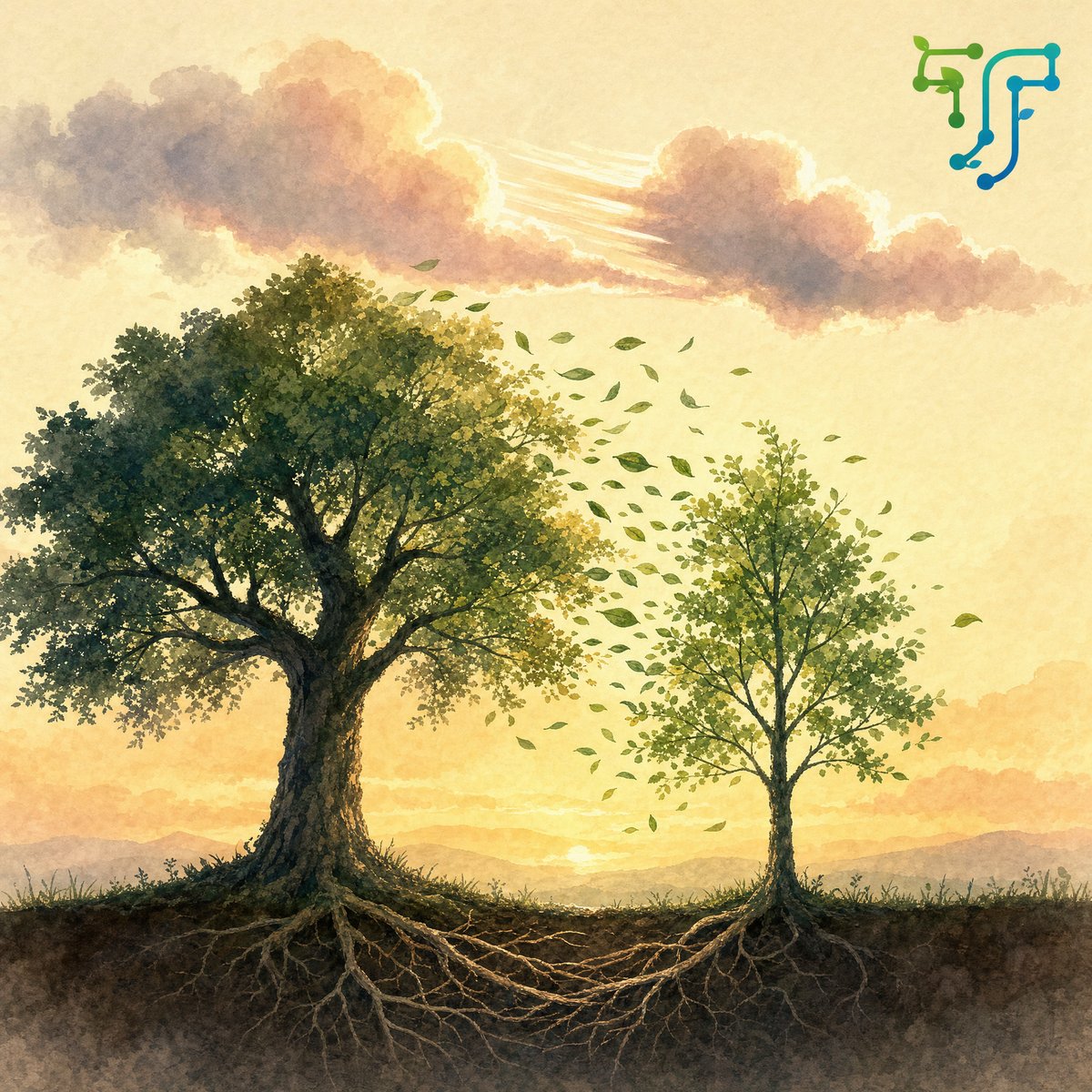A poetic watercolor illustration of two trees — one mature, one growing — with leaves drifting from the older tree to the younger, and their roots intertwined beneath the soil, symbolizing Karl Jaspers' philosophy that education is one soul awakening another