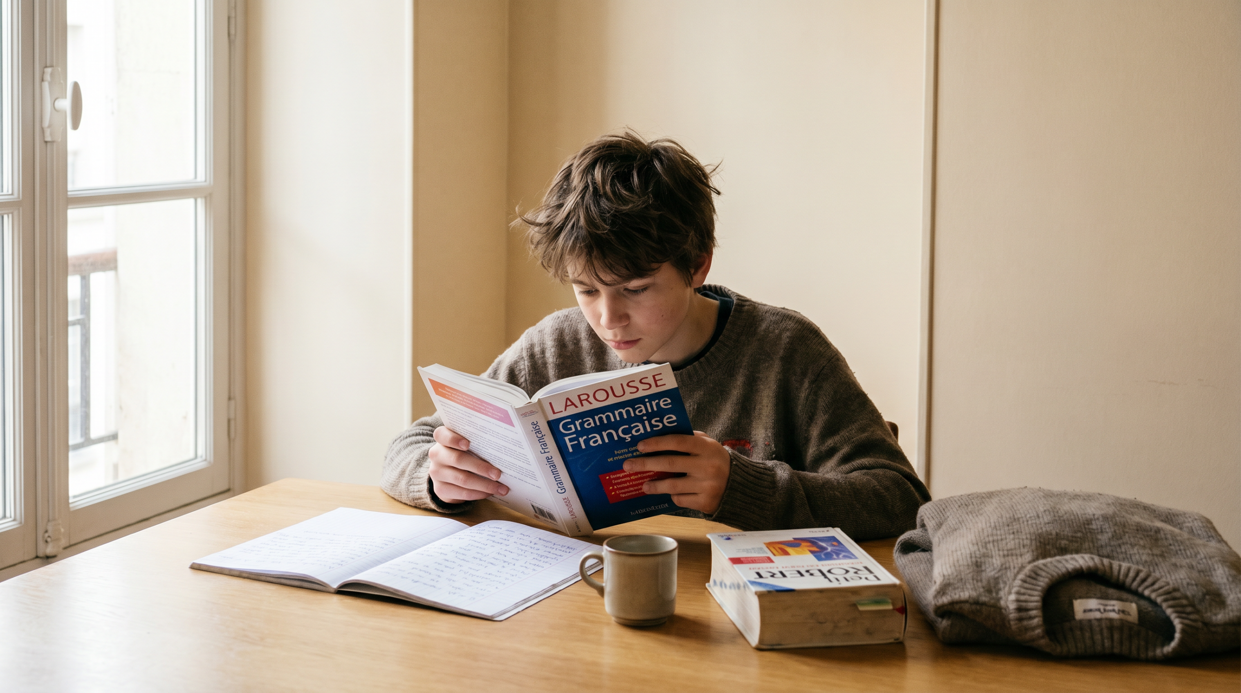 A student reading a French textbook by a sunlit window — DELF to AP/IB French learning pathway hero image