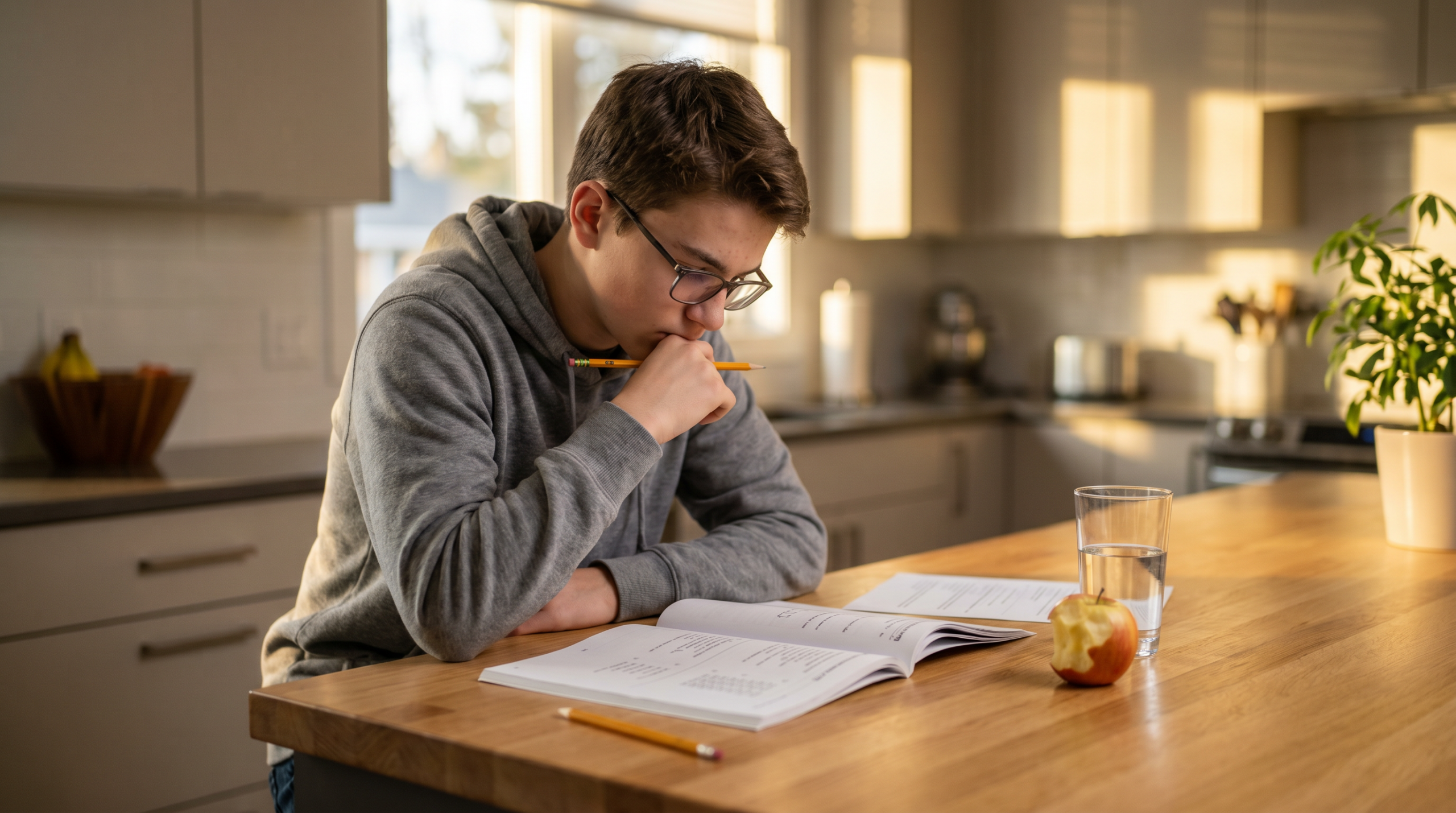 A teenager doing test preparation homework at a kitchen counter — EQAO SSAT SAT pathway hero image