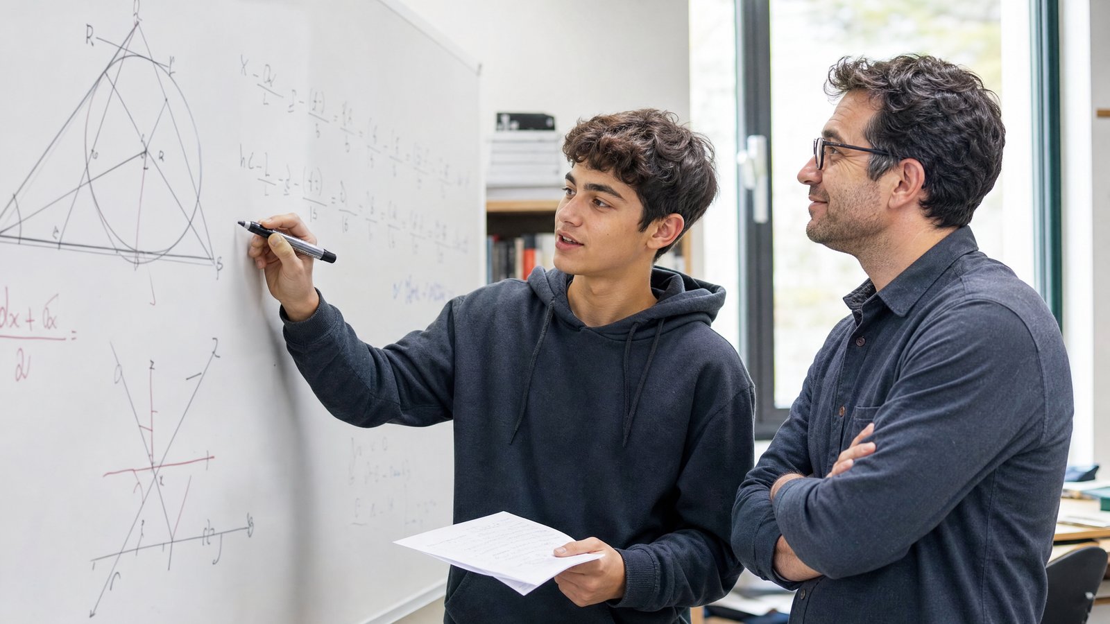 Student solving a challenging competition math problem on a whiteboard with a coach