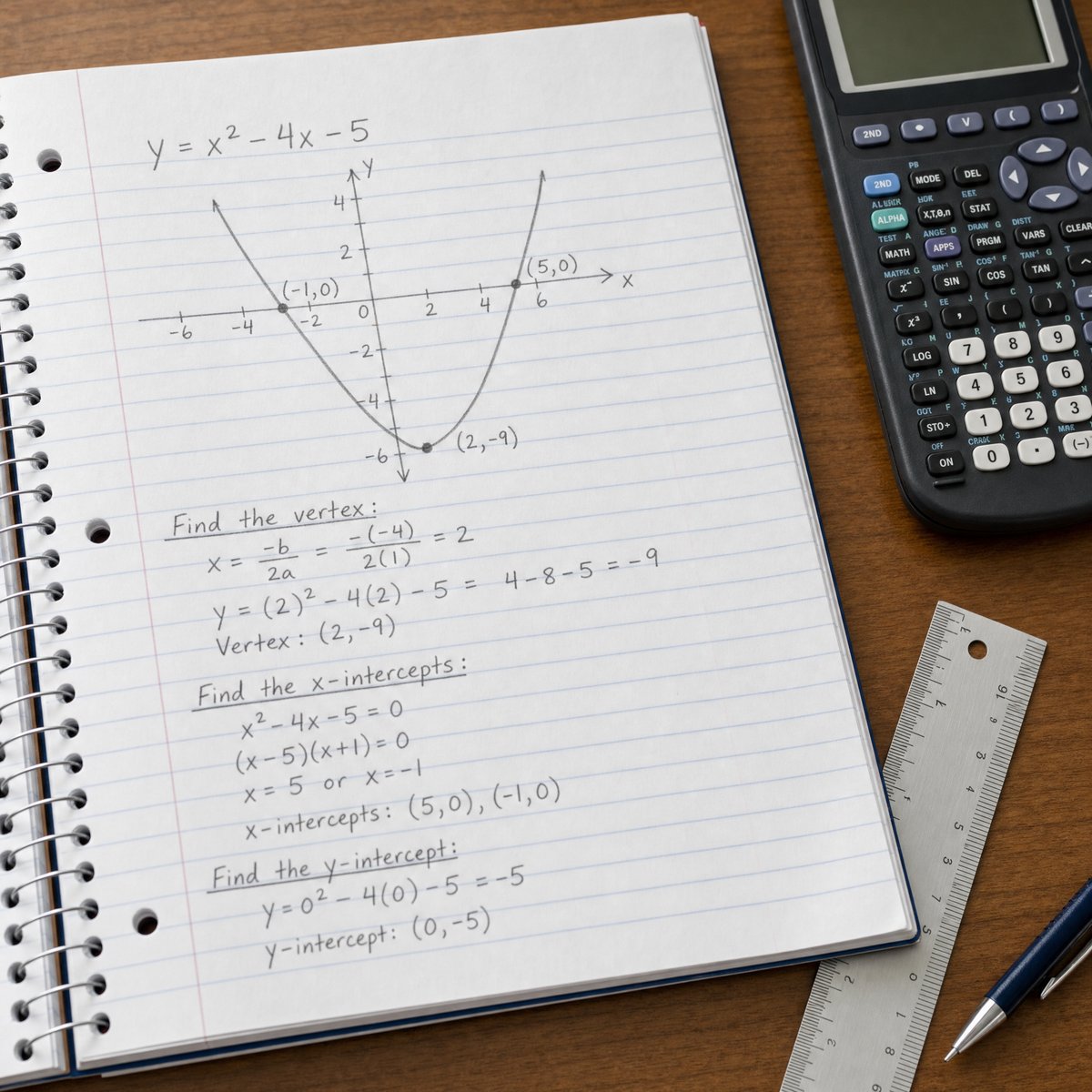 Notebook showing a graph and equations from the BC Pre-Calculus curriculum