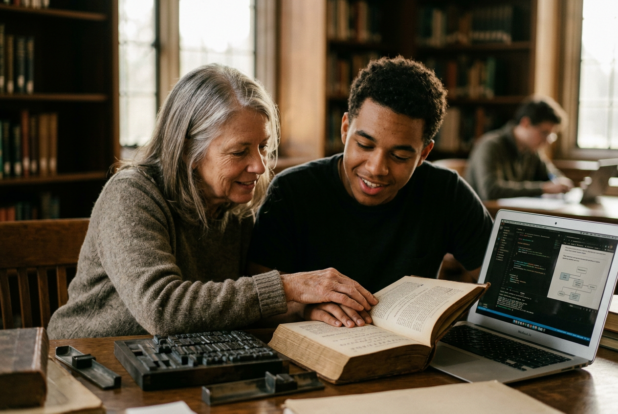 A mentor guiding a younger learner