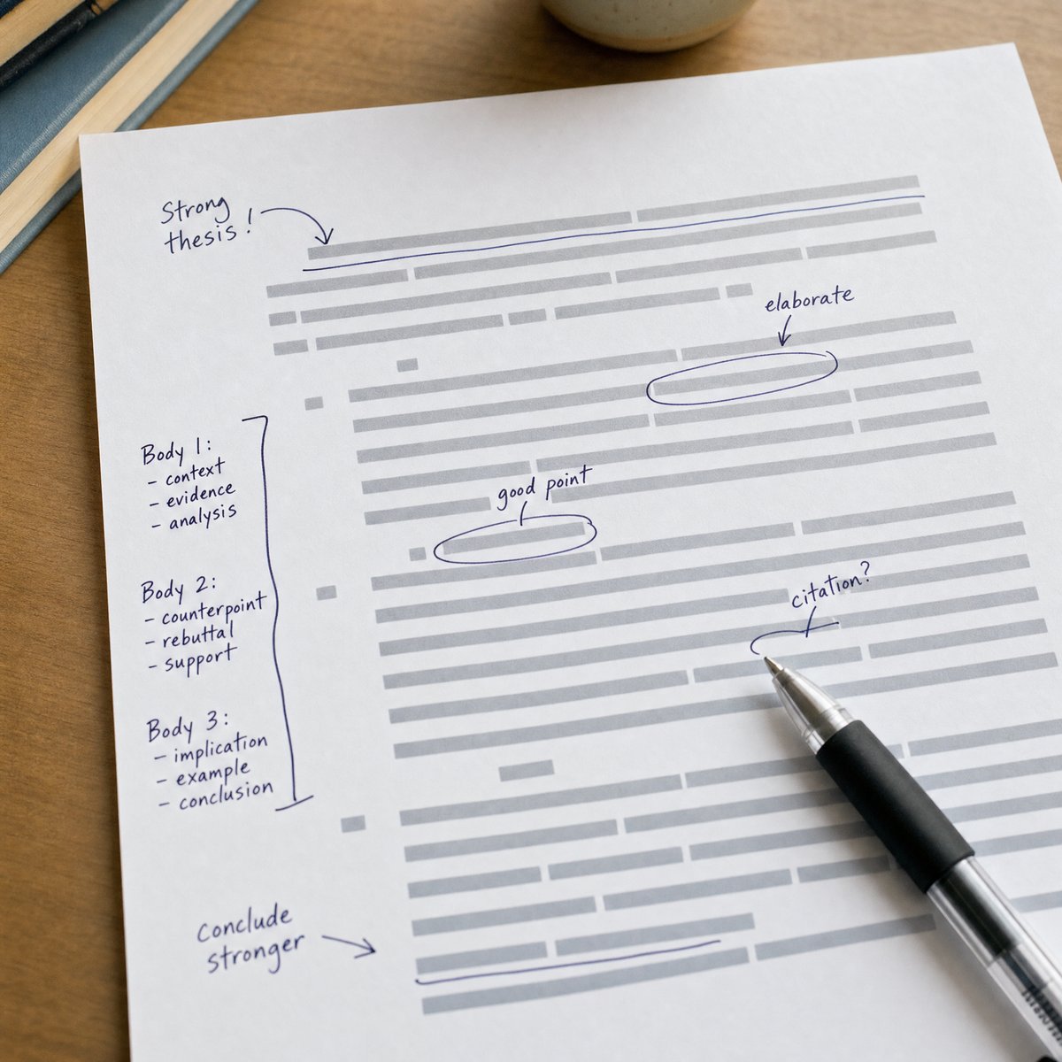 Essay draft with editing marks and a paragraph outline