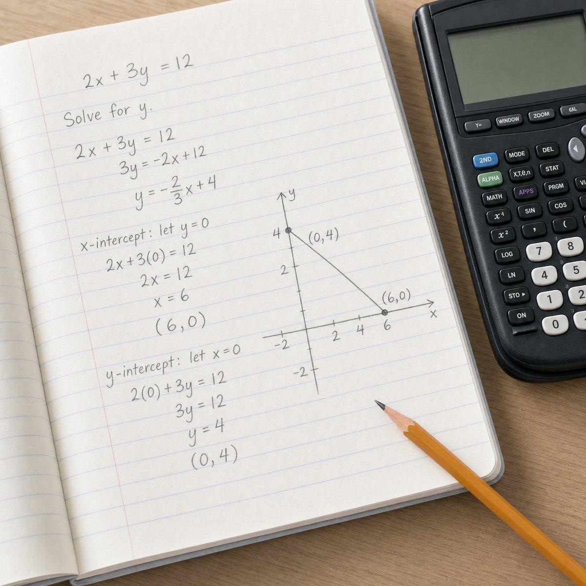 Math notebook with algebra and a graph worked in pencil