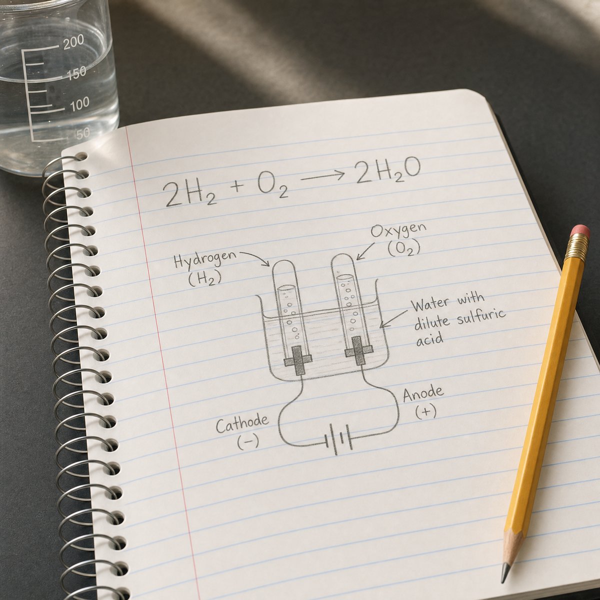 Science notebook with a chemistry equation and a labelled diagram