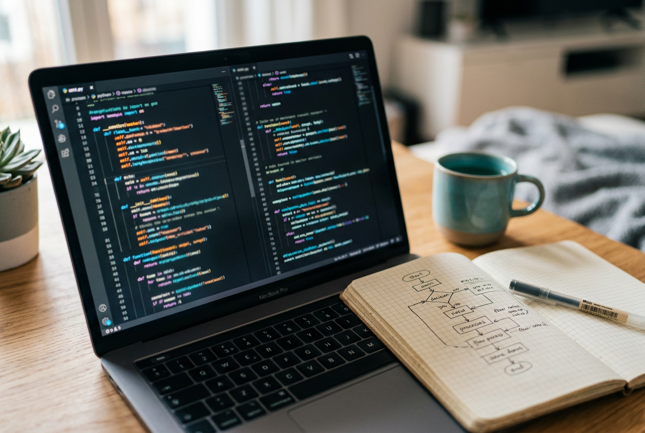 Hands typing code on a laptop with a coding project
