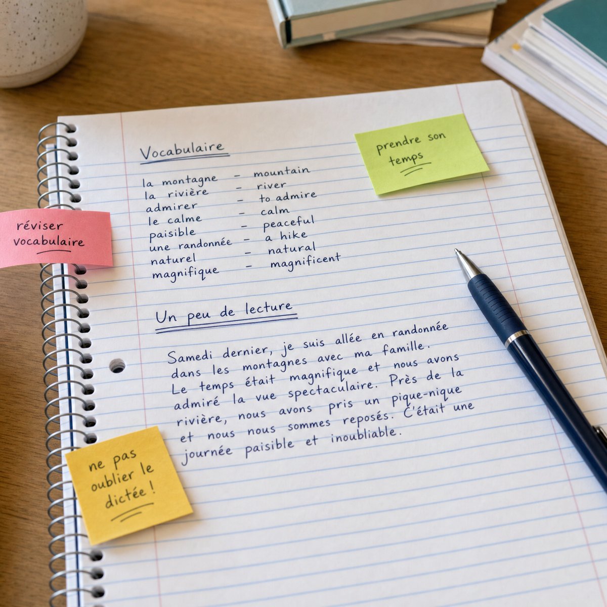 French Immersion notebook with vocabulary and a short written paragraph