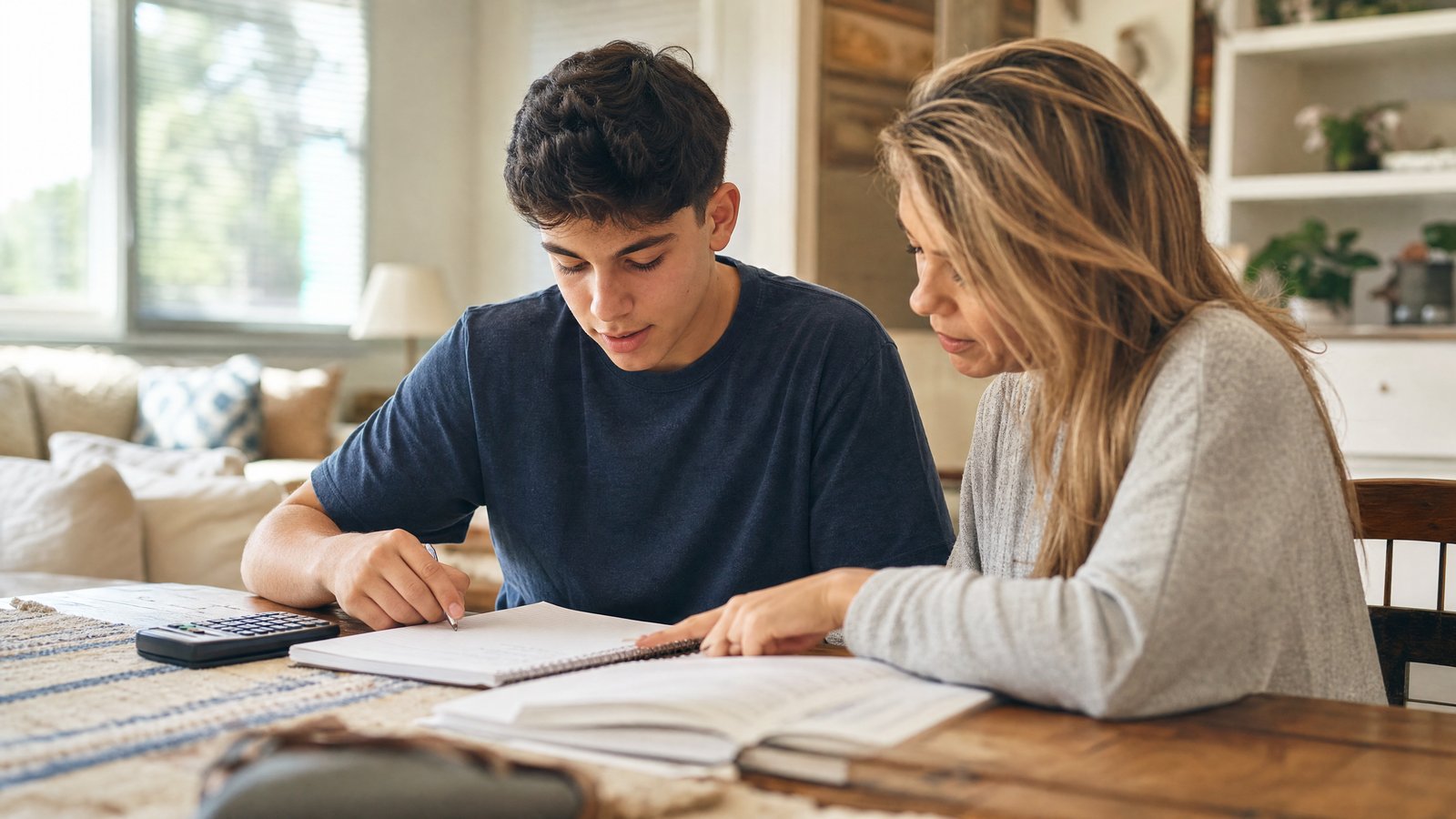 Coquitlam student and tutor solving a math problem together at home