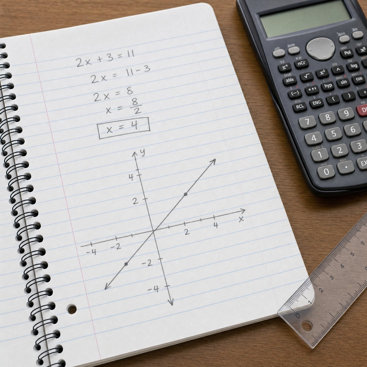 Math notebook showing a solved equation and a graph