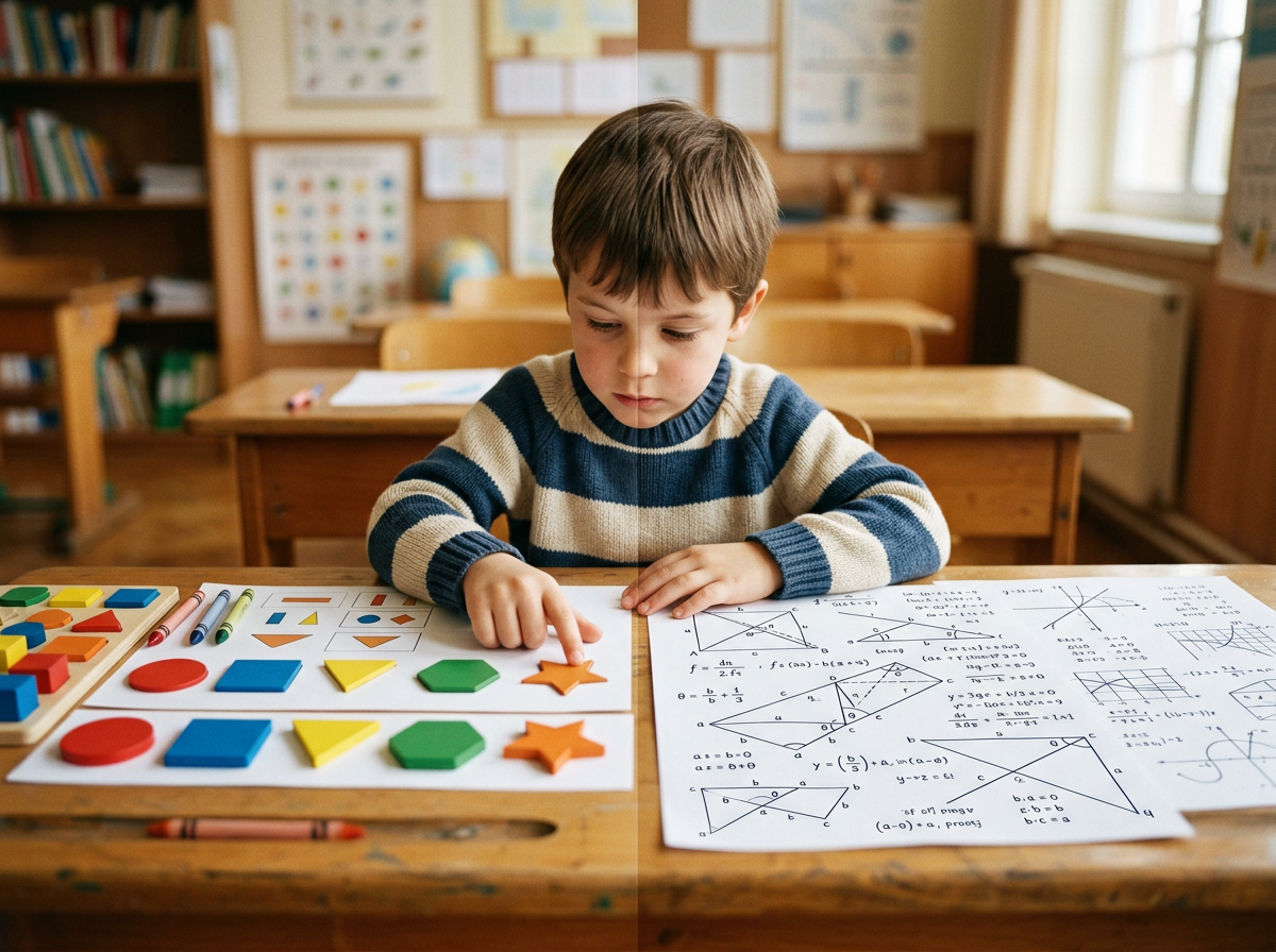 Child hesitating between easy and hard problems on a desk