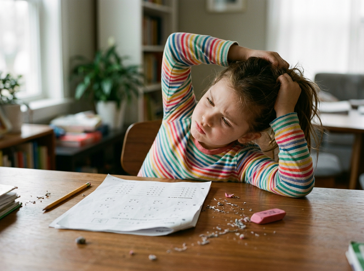 Child with erased worksheet, frustrated expression