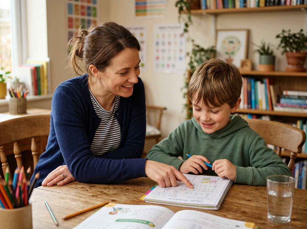 Tutor sitting beside a student, encouraging and pointing at notebook