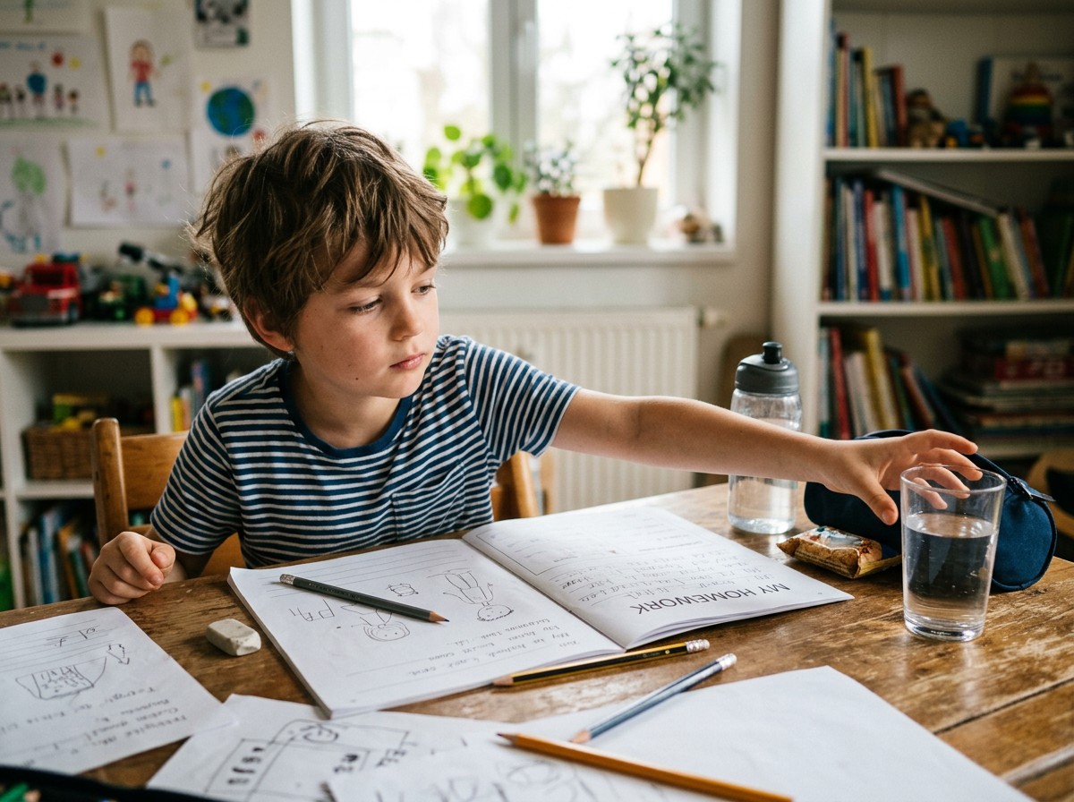 Child distracted at desk, reaching for water glass instead of pencil