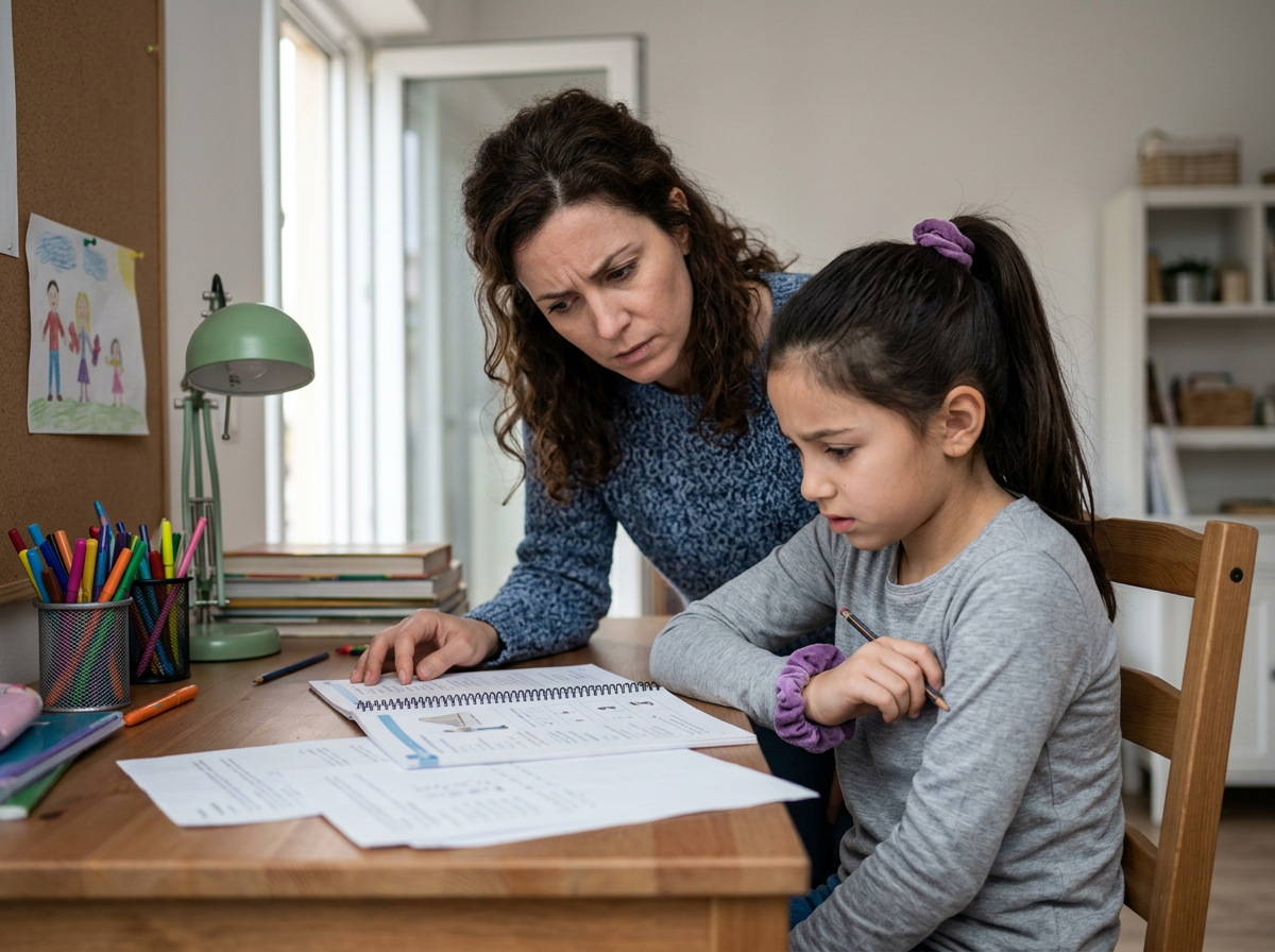 Parent leaning over child's shoulder at desk with worried expression