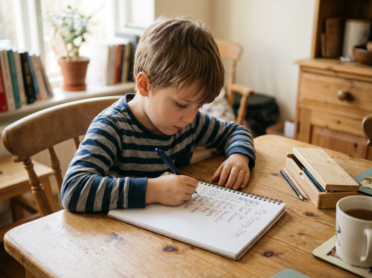 Child calmly writing a list of small task steps, relaxed posture