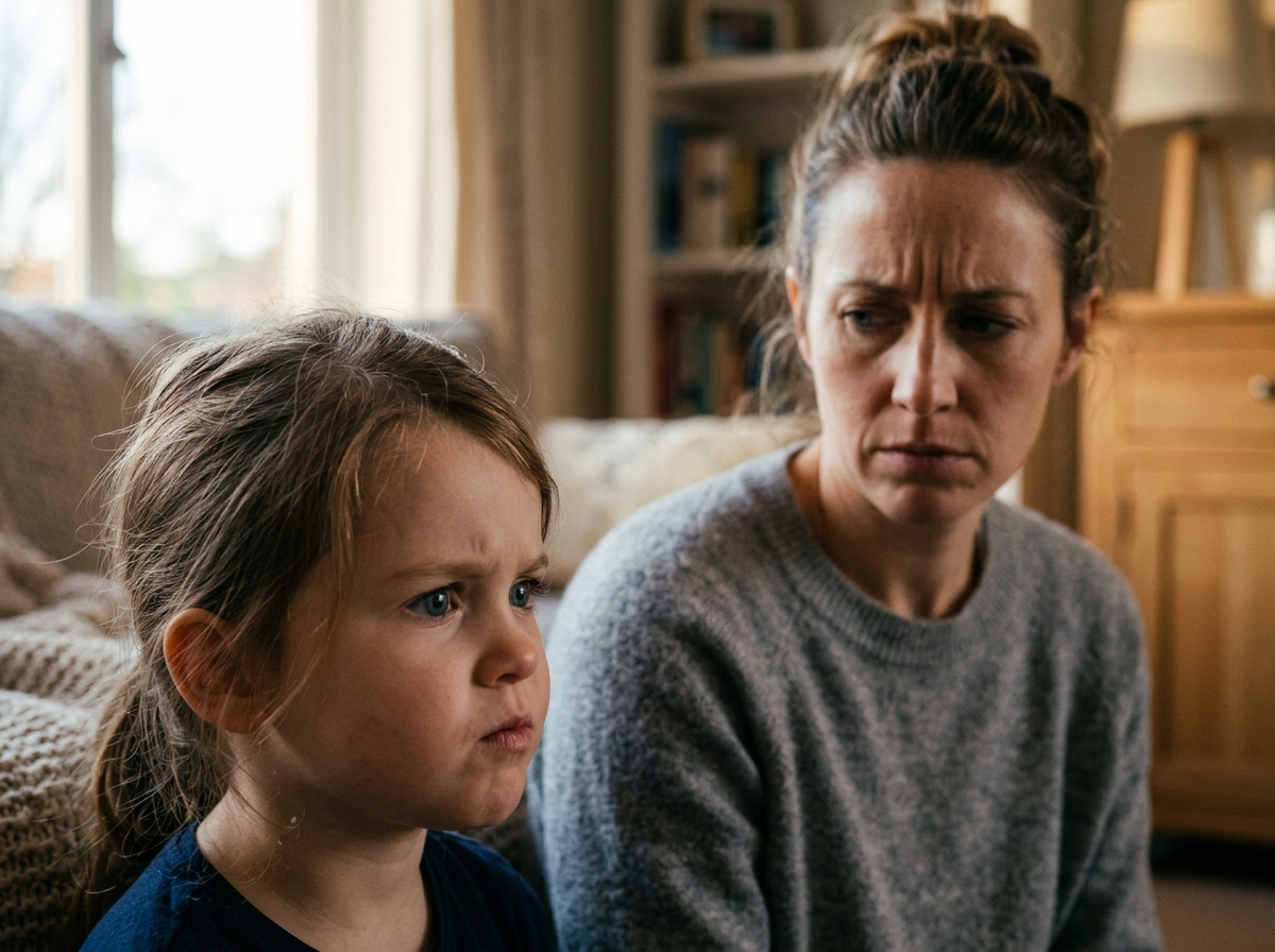 Child's face mirroring a tense parental expression, soft indoor lighting