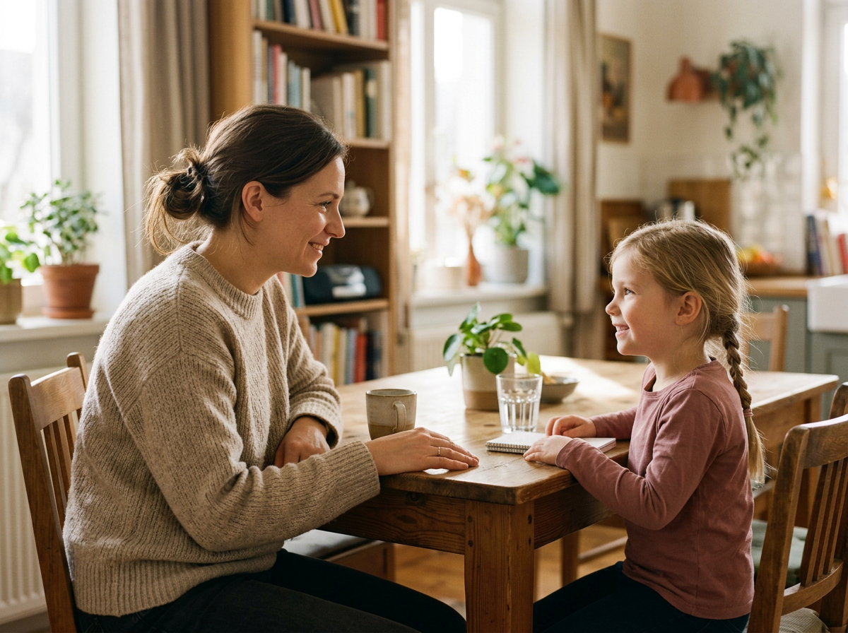 Parent and child talking calmly with warm open body language