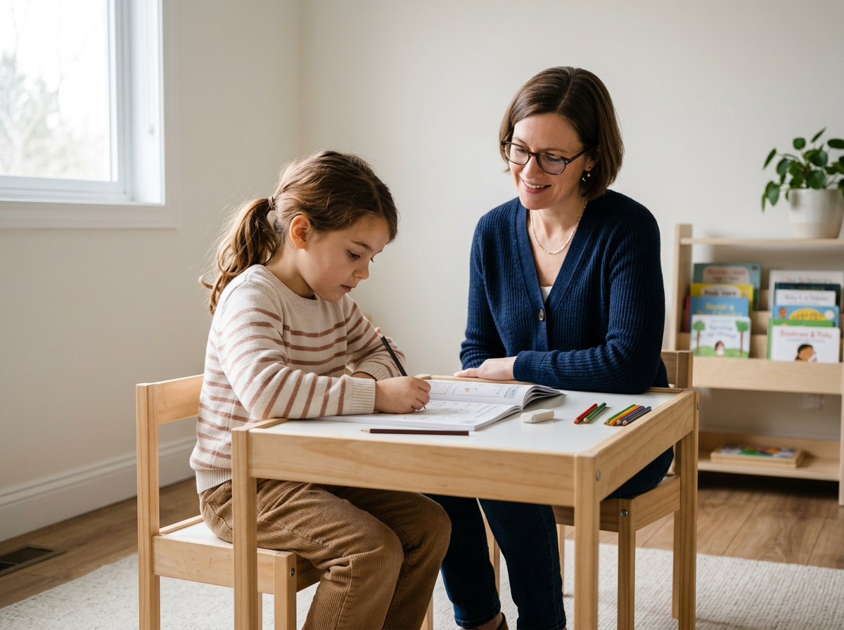Child relaxed and focused working with a calm tutor in a neutral room