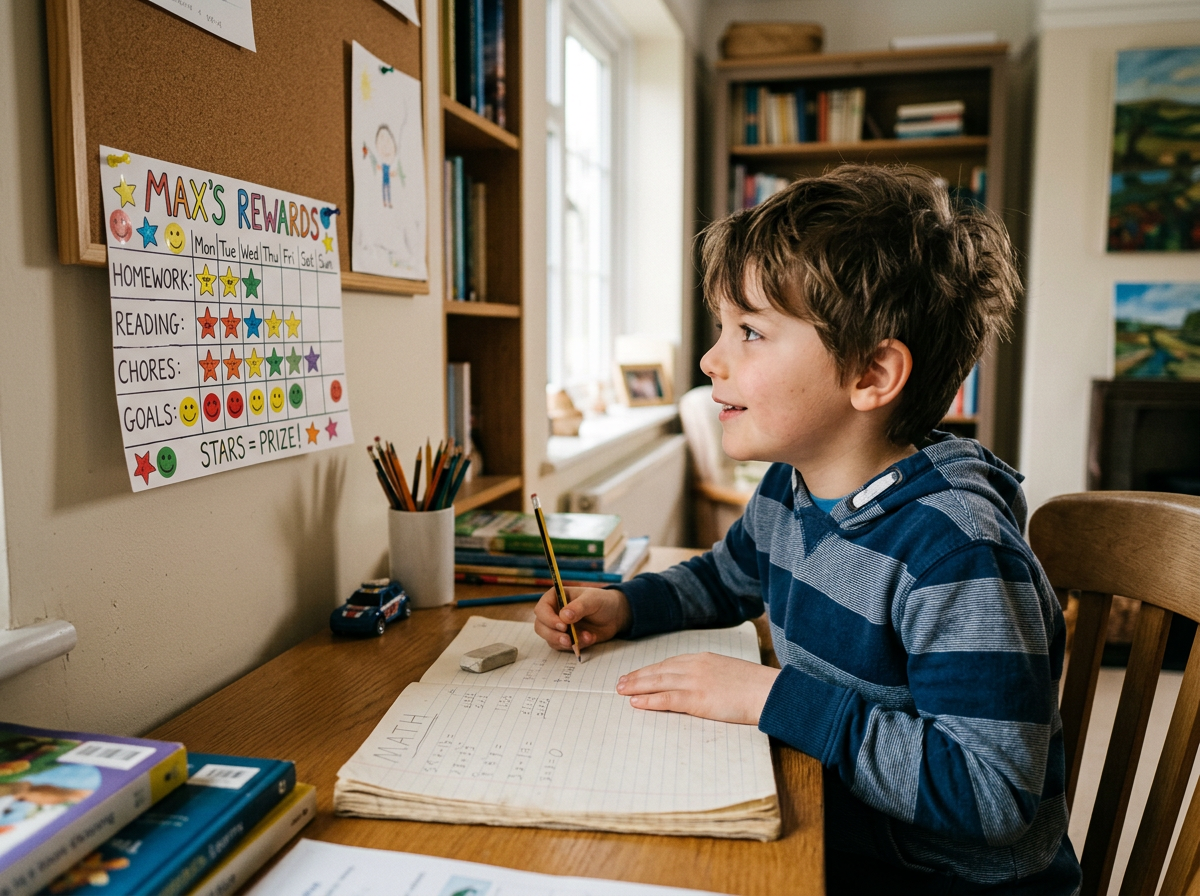 Child glancing at reward chart on wall while working on a task