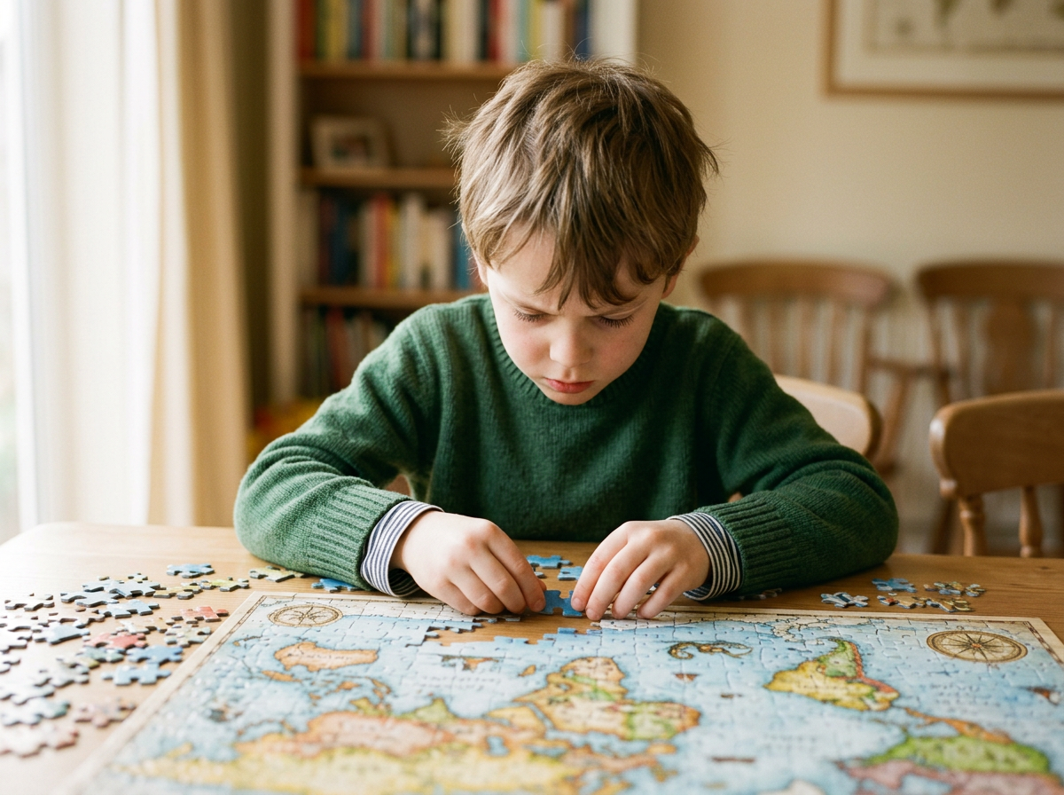 Child deeply absorbed in solving a puzzle, no external rewards visible