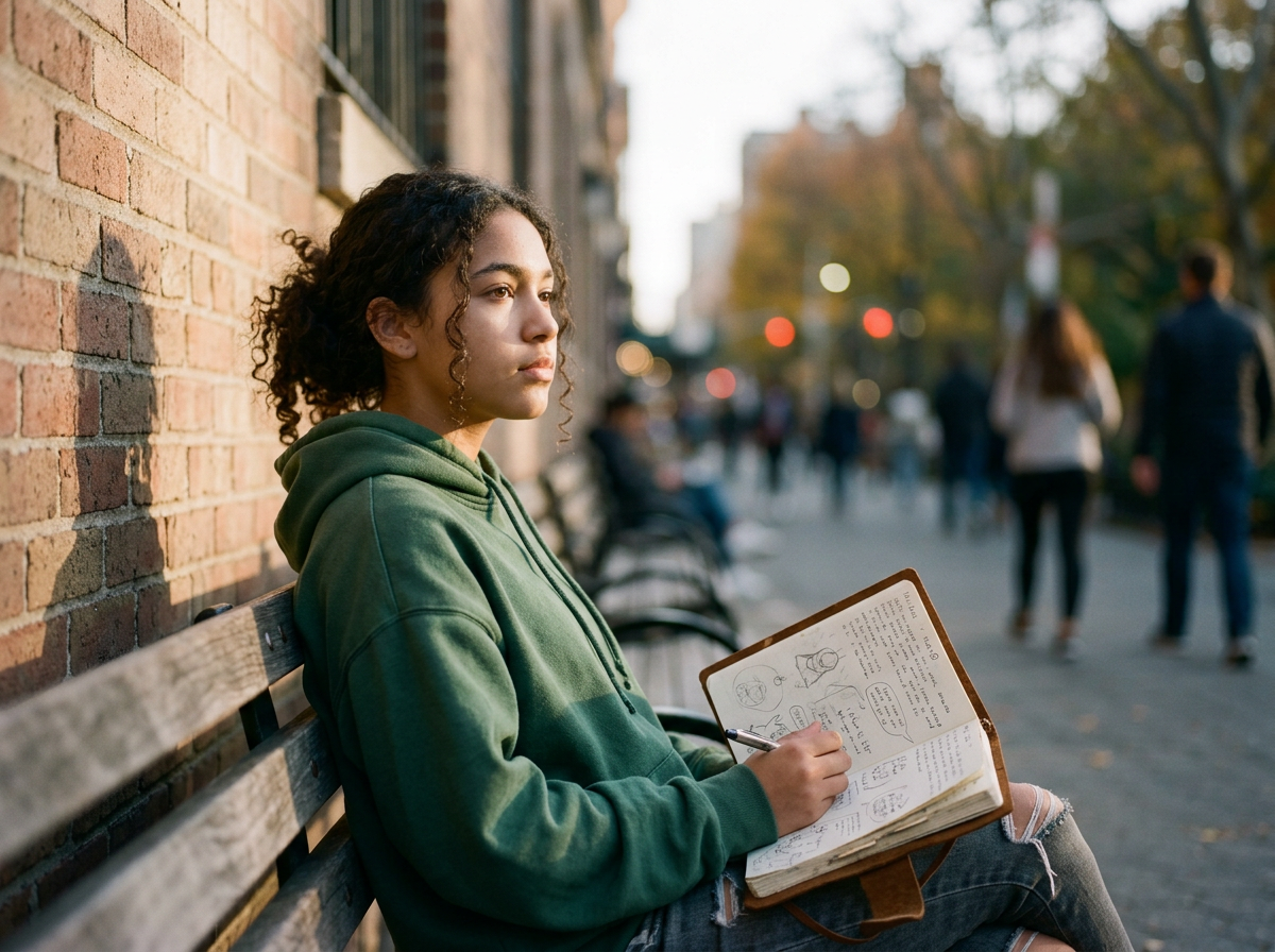 Teenager sitting thoughtfully with a journal, contemplative mood