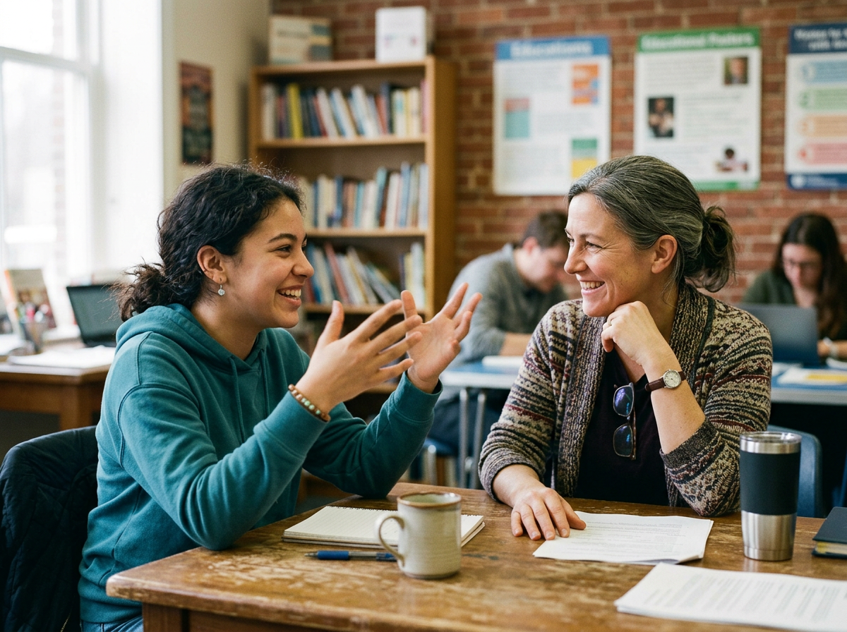 Teenager in animated one-on-one conversation with an adult mentor