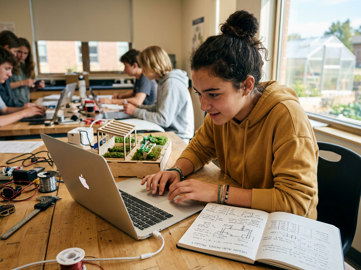 Teenager actively working on a real-world topic, visibly interested