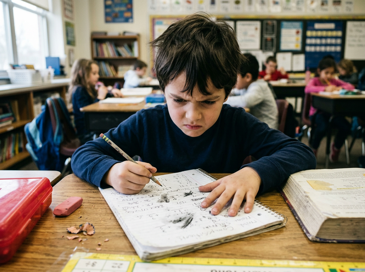 Child pushing a notebook away, frustrated with crossed-out attempts