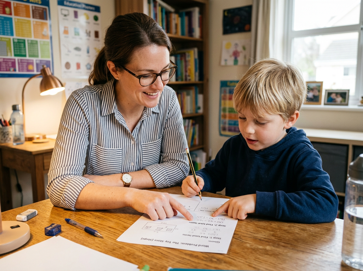 Tutor and child breaking a problem into smaller steps on paper