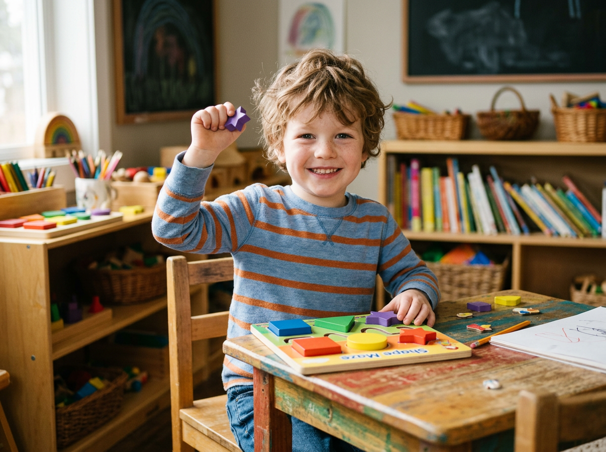 Child smiling proudly after completing a small step successfully