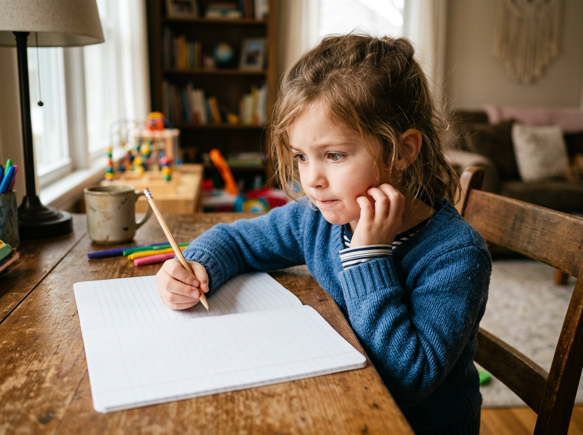 Child staring at a blank page with pencil hovering, hesitant expression