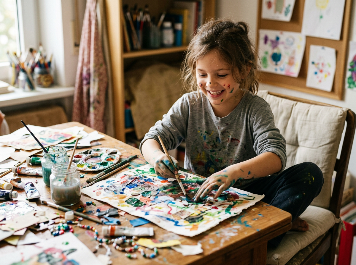 Child smiling while working on a messy imperfect art project, at ease