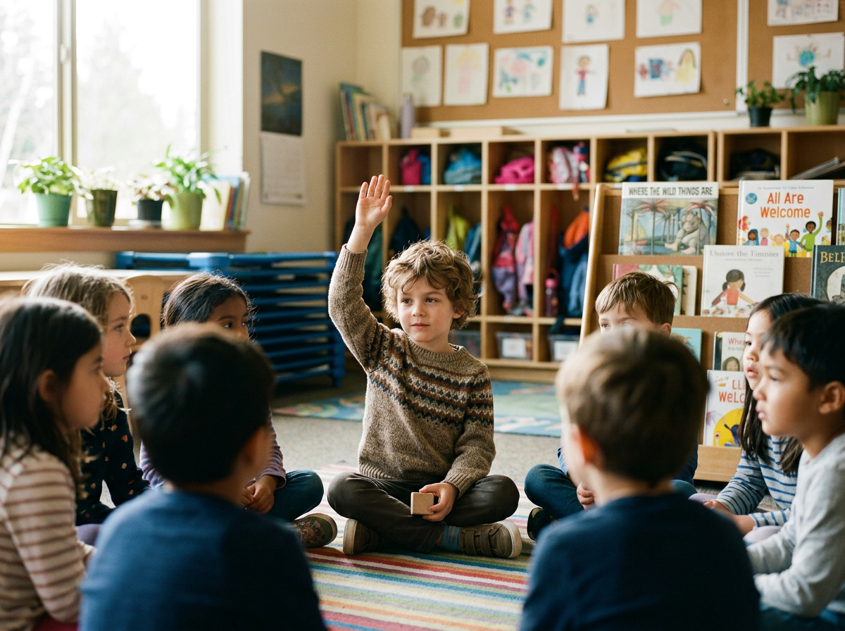 Child focused and composed in a classroom, raising hand to participate
