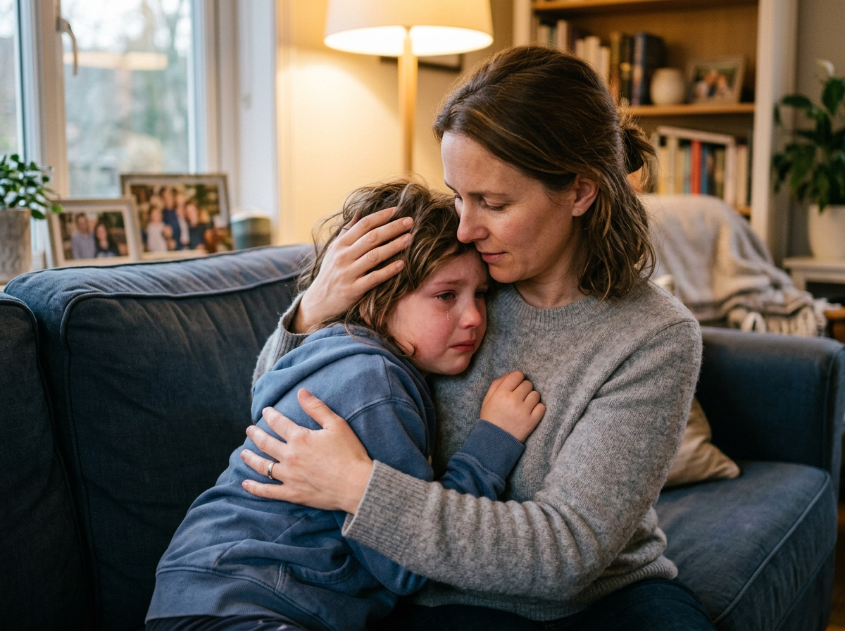 Child having a quiet emotional moment at home, parent gently comforting