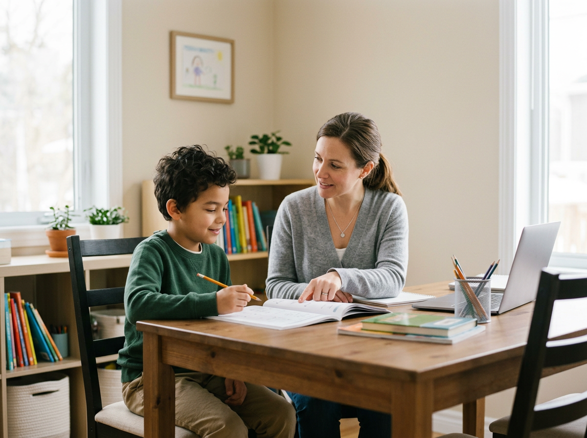 Child calm and settled with a tutor in a simple structured home setting