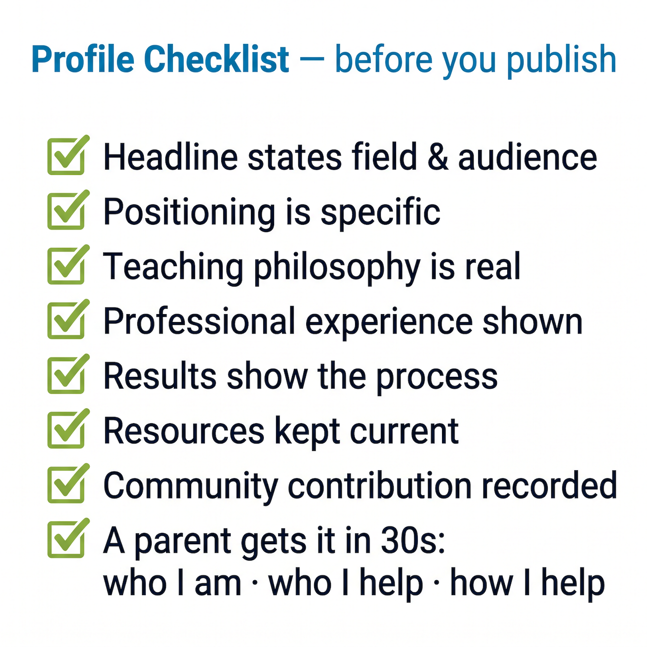 Educator profile checklist before publishing