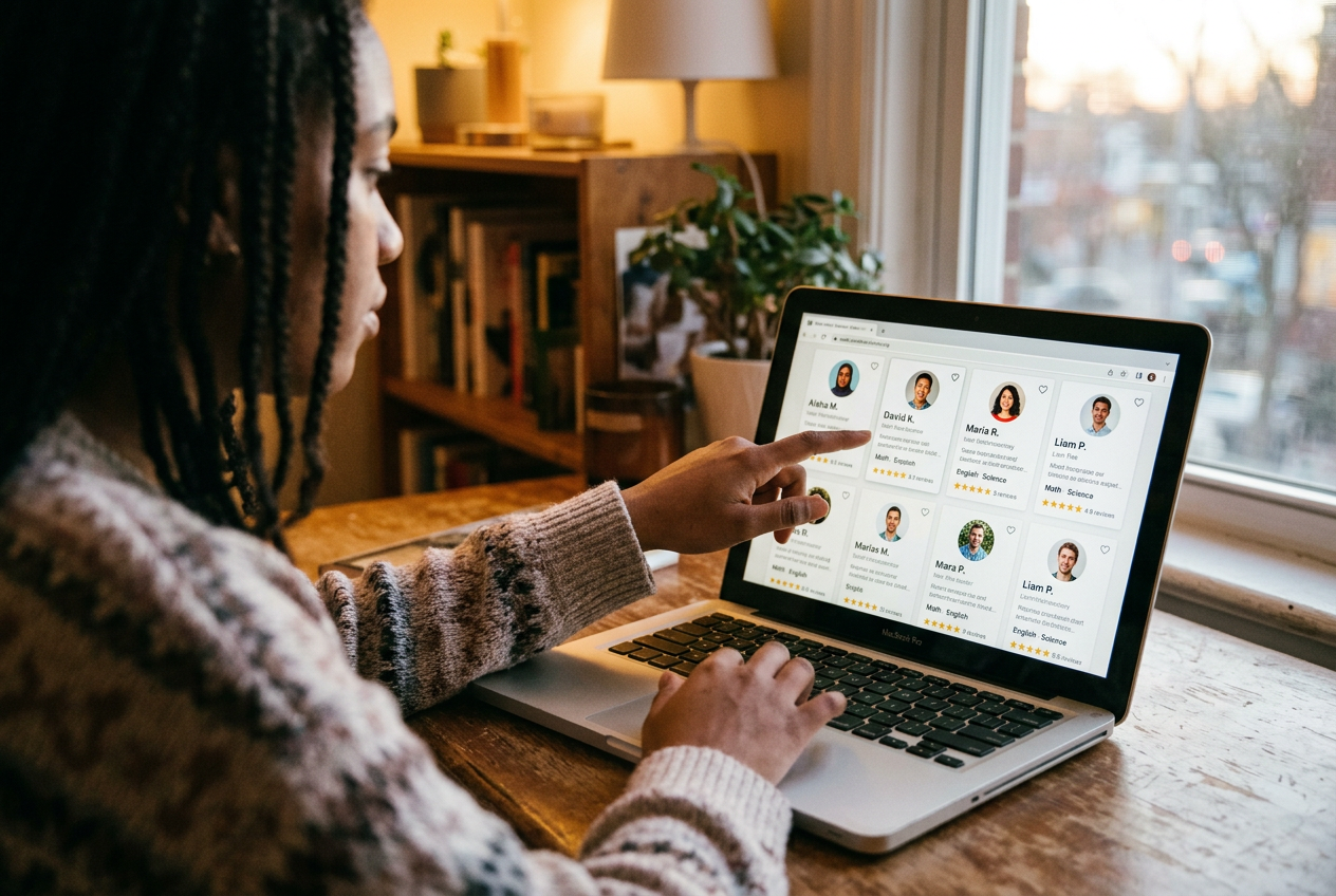 A grid of tutor profiles on screen, comparing many and choosing a few