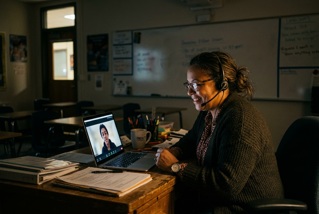 An educator staying late after a session to answer one last question