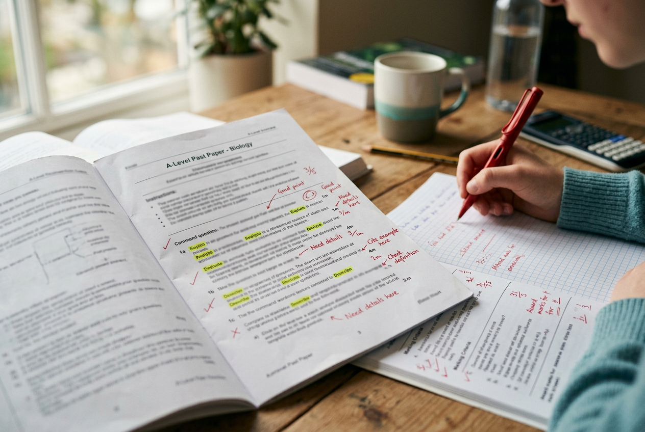 Exam revision desk with past papers and color-coded notes