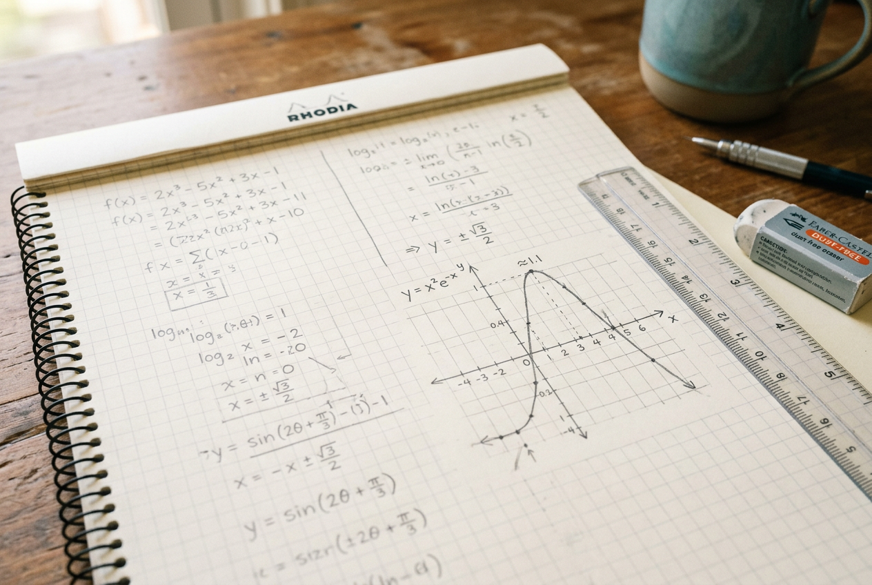 Math notebook with algebra and a graph worked in pencil