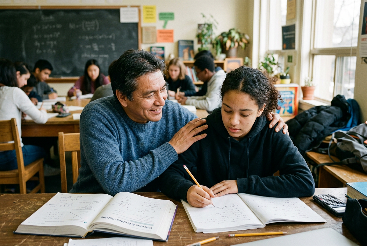 A mentor encouraging a hesitant student through a hard problem